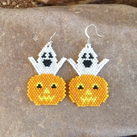 GHOST and Pumpkin Beaded Earrings, New, Handmade by Me - Picture 1 of 3